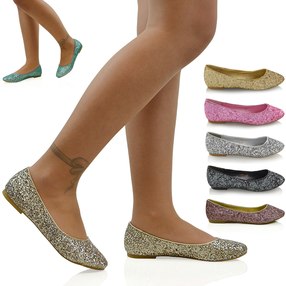 Womens Slip On Pumps Ladies Glitter Dressy Dolly Shoes Bridal